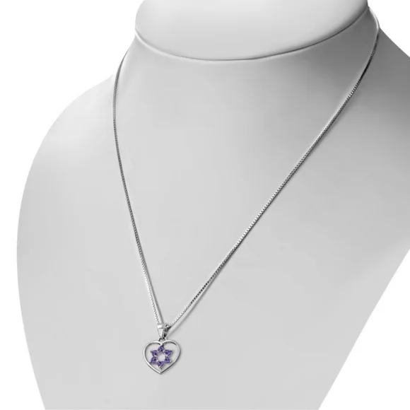 Pendant --925 Silver Heart  inset with Star David in Amethyst CZ - Picture 3 of 5